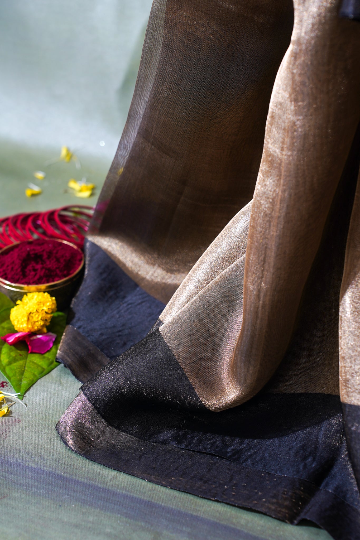 Charcoal Silver Banarasi Tissue Saree with Navy Satin Border