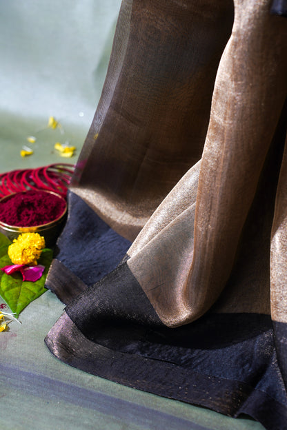 Charcoal Silver Banarasi Tissue Saree with Navy Satin Border