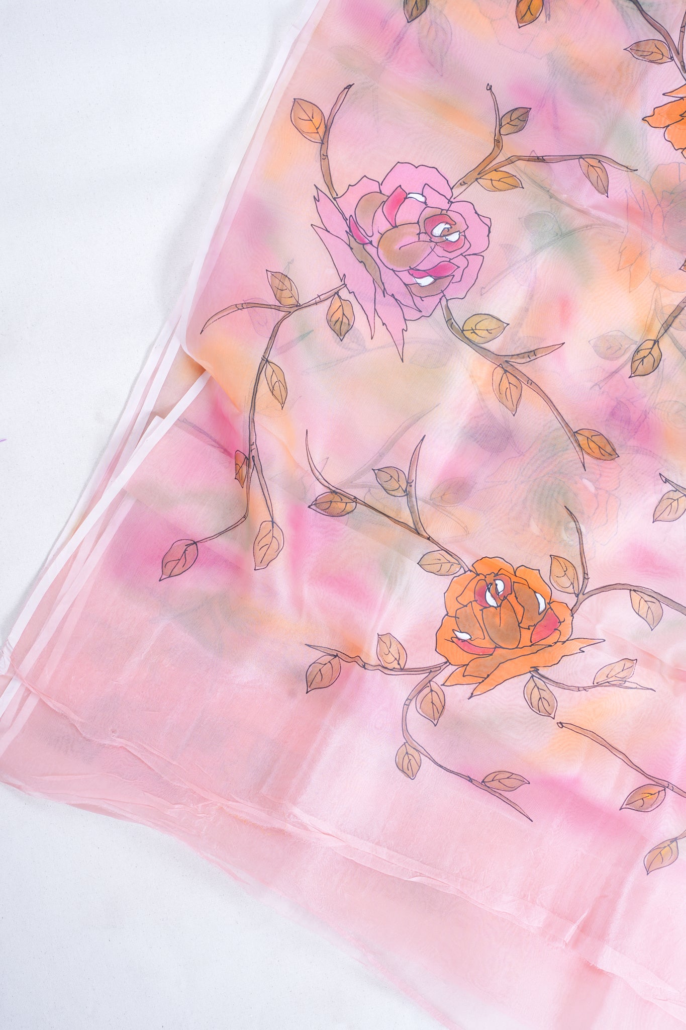 Peach-Pink Pure printed Kora organza silk saree