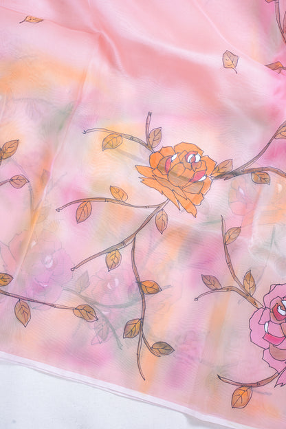 Peach-Pink Pure printed Kora organza silk saree