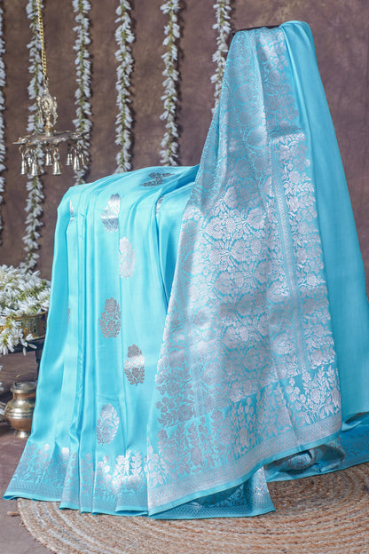 Sky Blue Handloom Mashru Silk Banarasi Saree