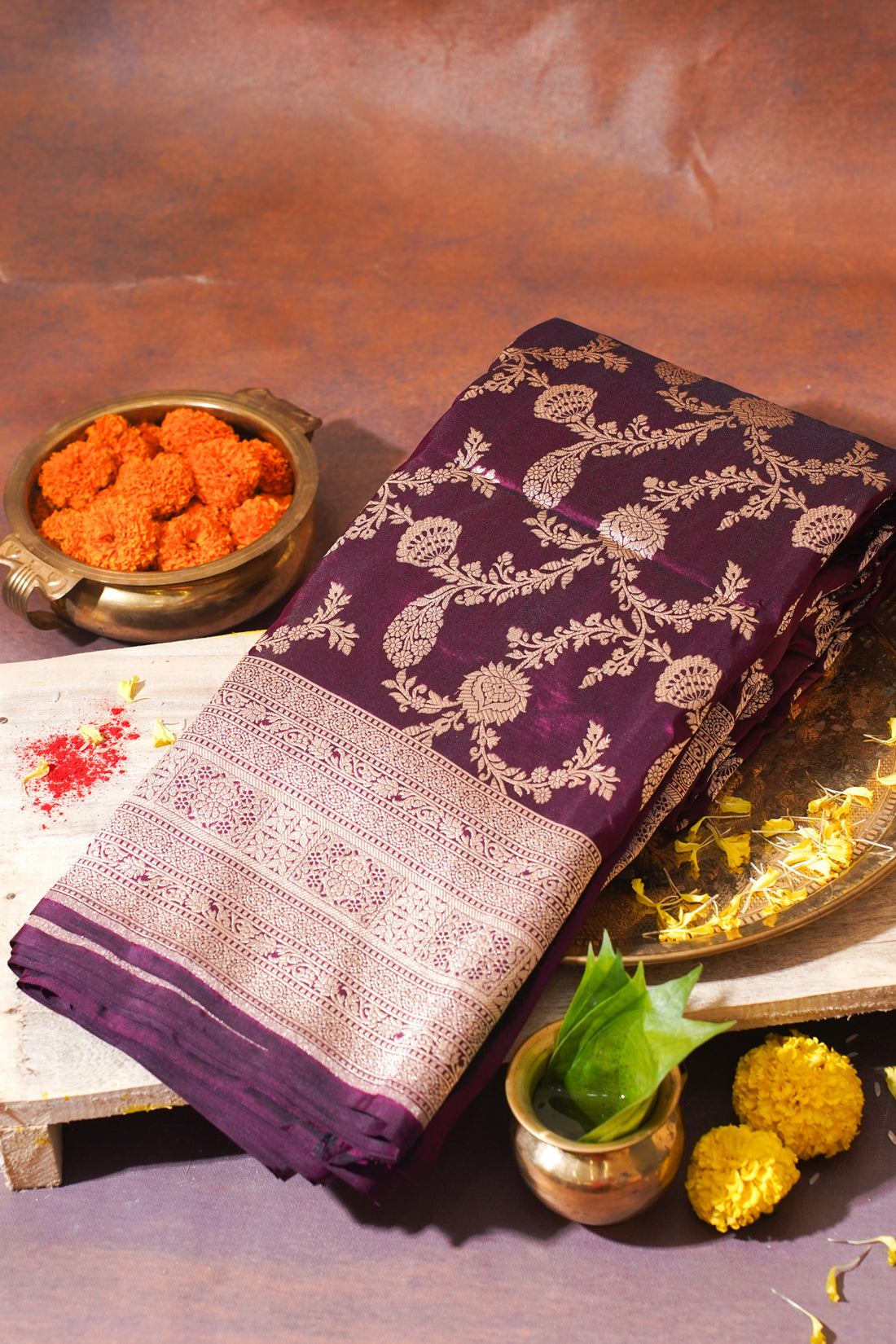 Wine Purple Banarasi Pure Katan Silk Jaal Saree