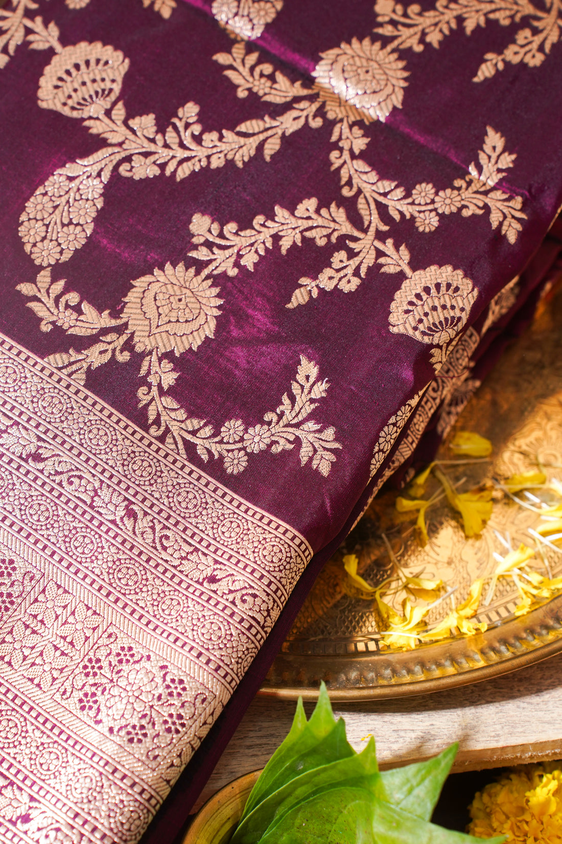 Wine Purple Banarasi Pure Katan Silk Jaal Saree