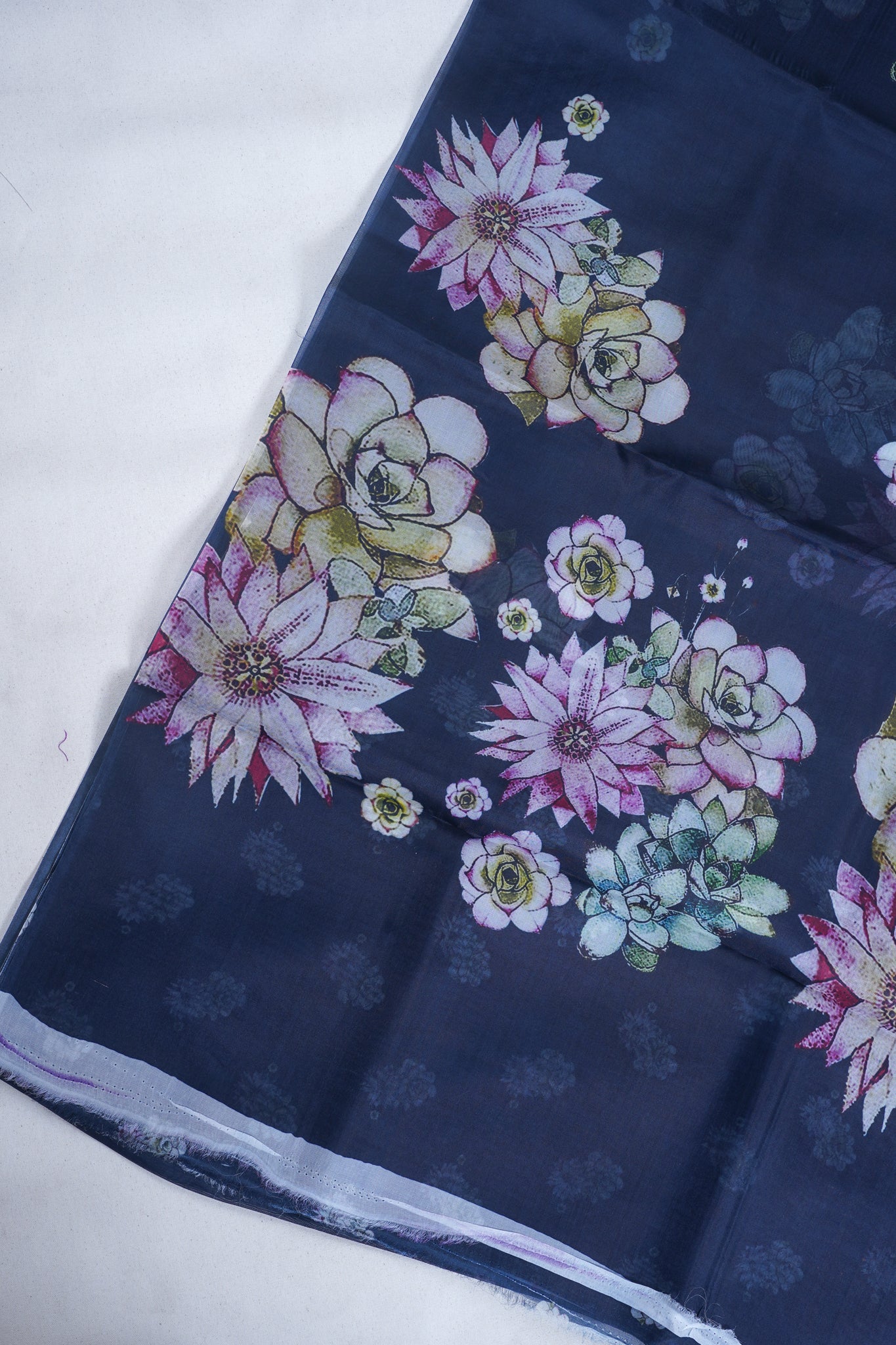 Navy Blue Pure printed Kora organza silk saree