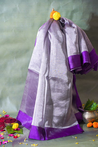 Lavender Silver Banarasi Tissue Saree with Satin Border