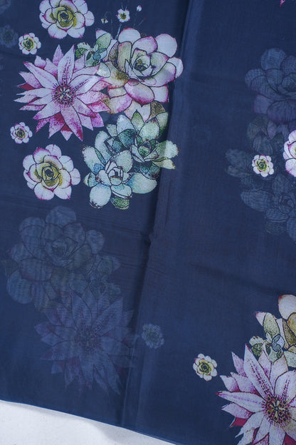 Navy Blue Pure printed Kora organza silk saree