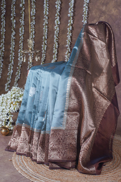 Powder Blue Handloom Pure Silk Banarasi Saree