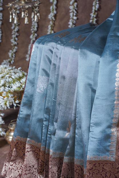 Powder Blue Handloom Pure Silk Banarasi Saree