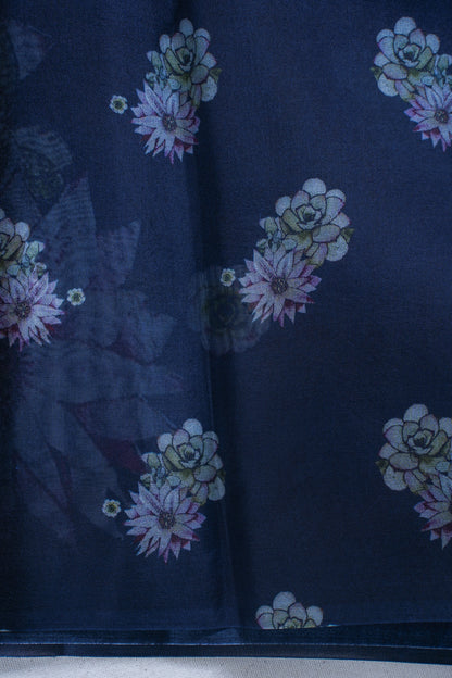Navy Blue Pure printed Kora organza silk saree