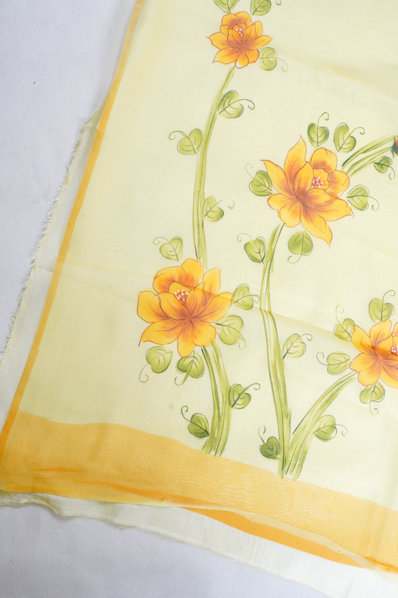 Lemon-Yellow Pure printed Kora organza silk saree