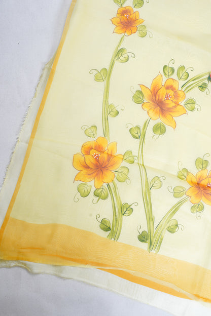 Lemon-Yellow Pure printed Kora organza silk saree