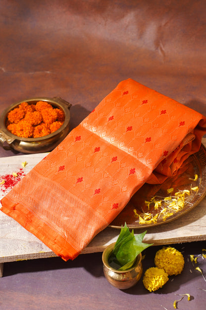Orange Banarasi Pure Katan Silk Minakari Brocade Saree