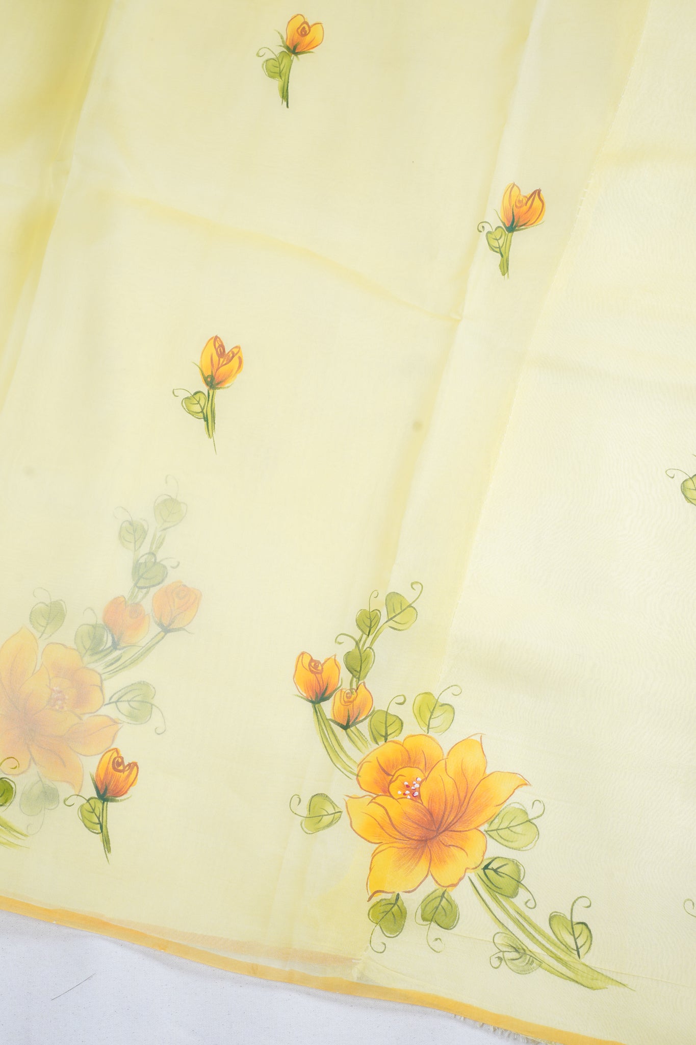 Lemon-Yellow Pure printed Kora organza silk saree