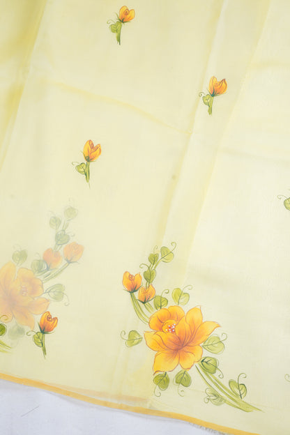 Lemon-Yellow Pure printed Kora organza silk saree