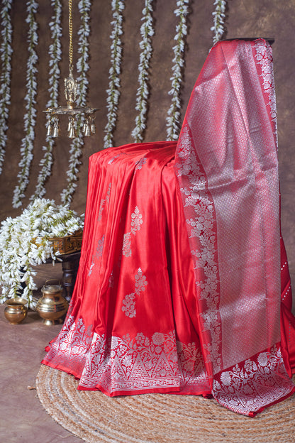Ruby Red Handloom Mashru Silk Banarasi Saree