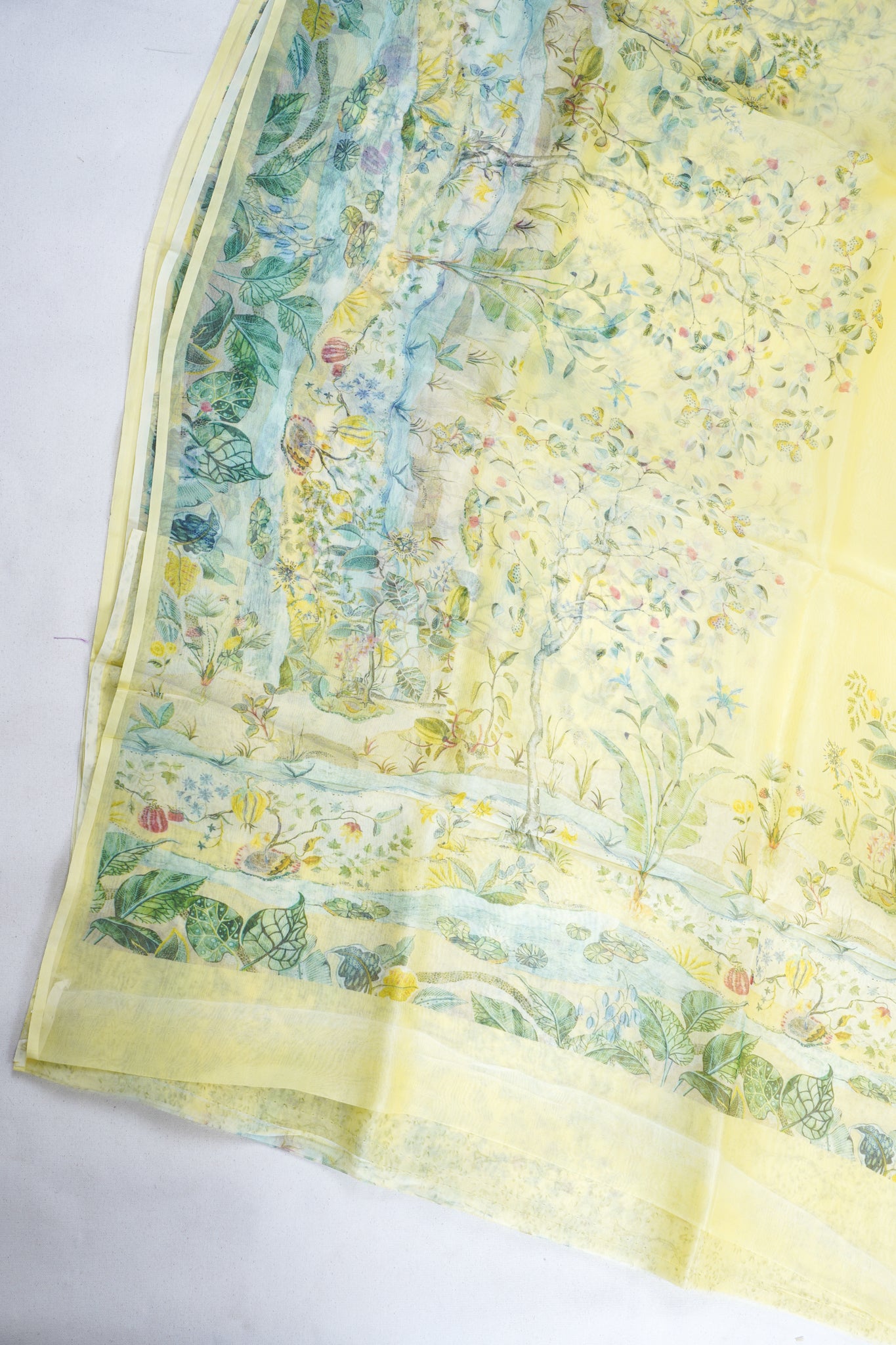 Pastel yellow Pure printed Kora organza silk saree