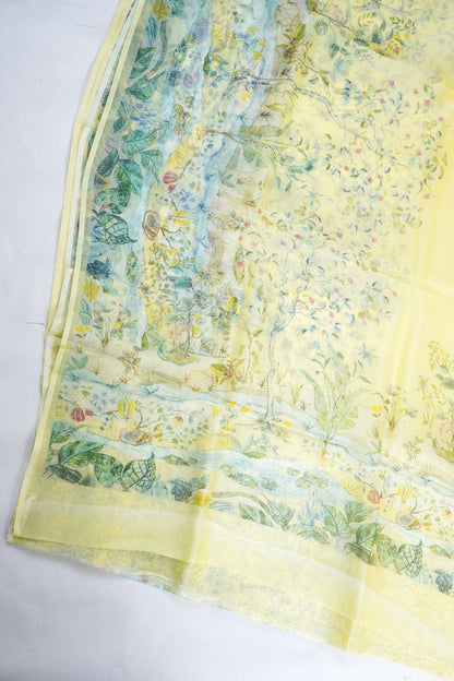 Pastel yellow Pure printed Kora organza silk saree