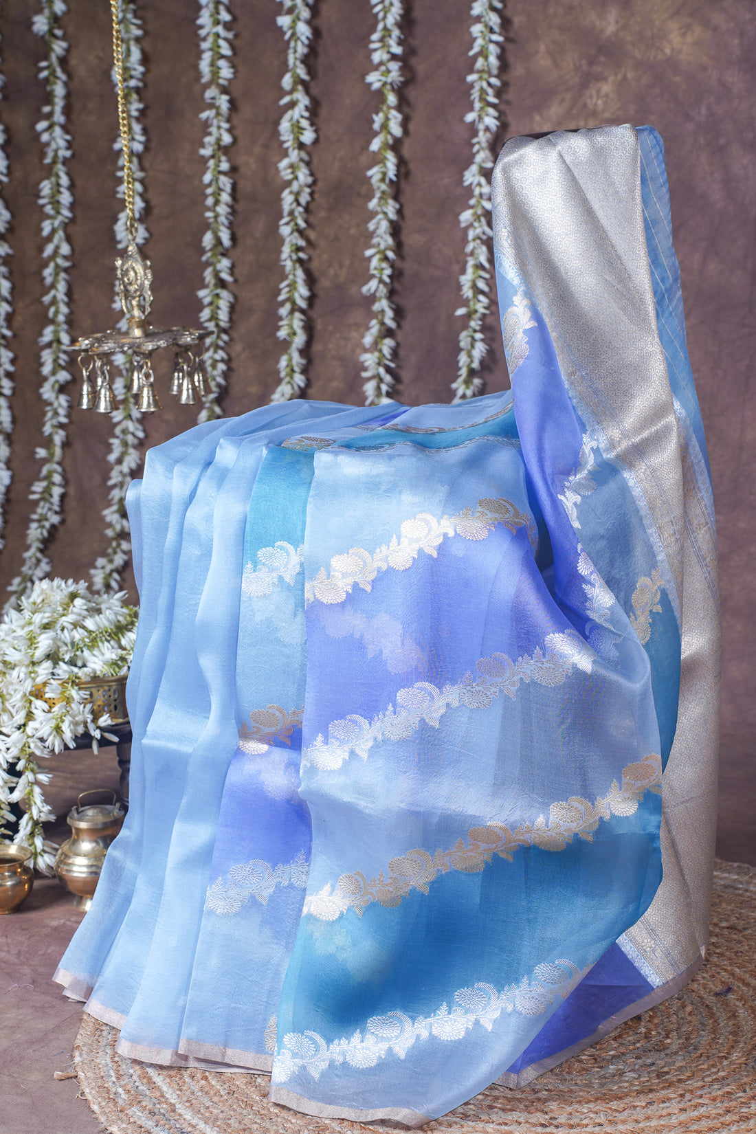 Powder Blue Handloom Kora Aada Rangkat Banarasi Saree