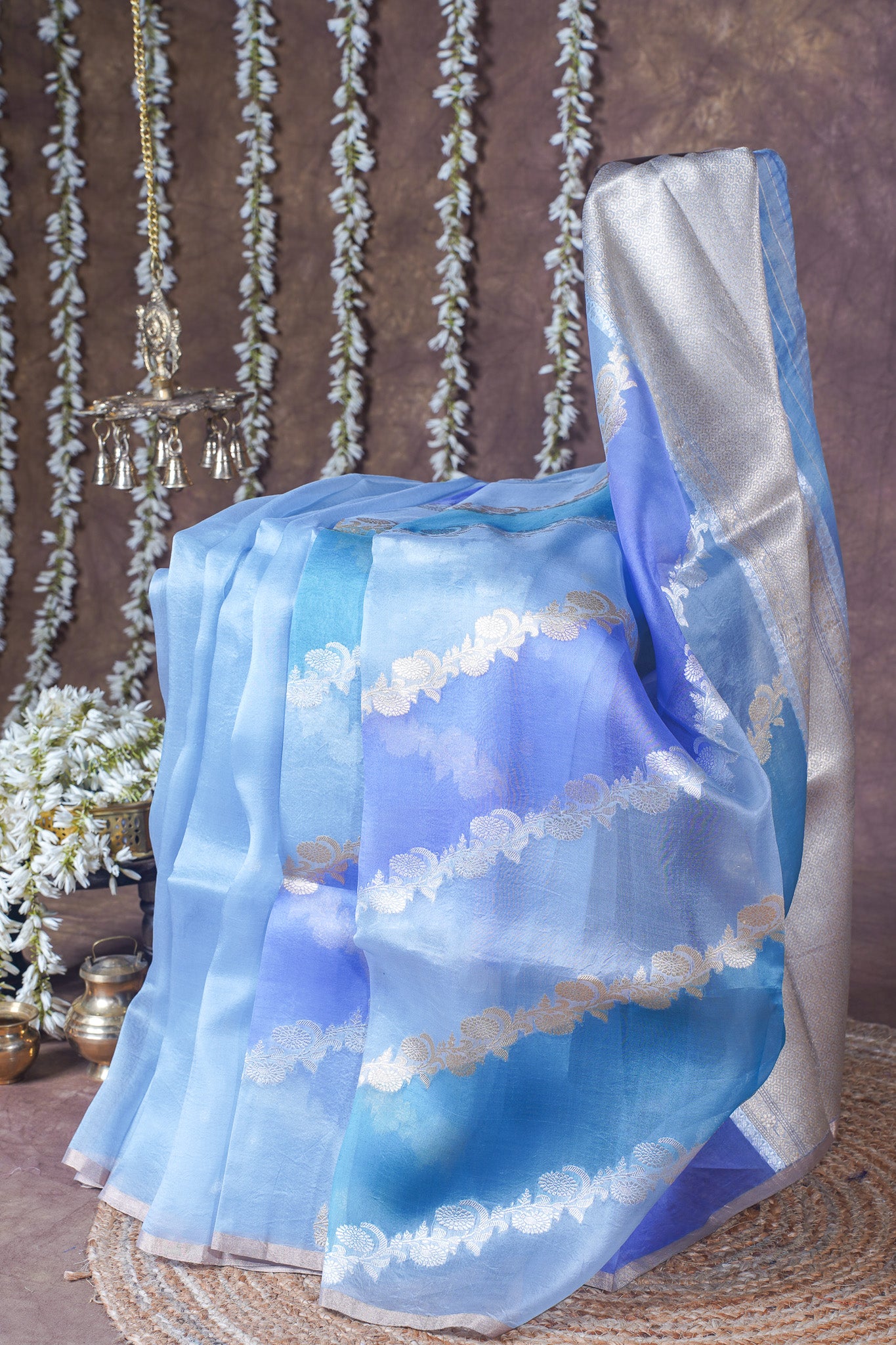 Powder Blue Handloom Kora Aada Rangkat Banarasi Saree