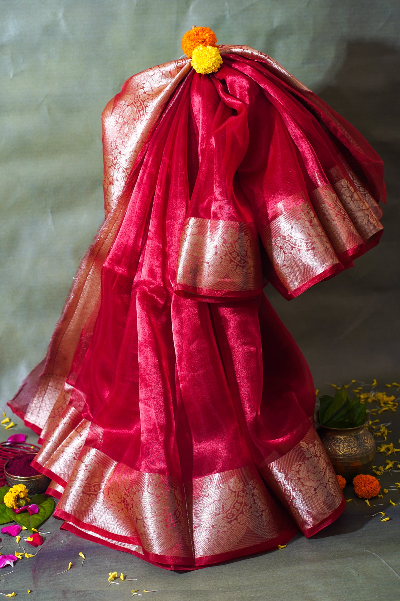 Crimson Red Banarasi Pure Tissue Silk Saree
