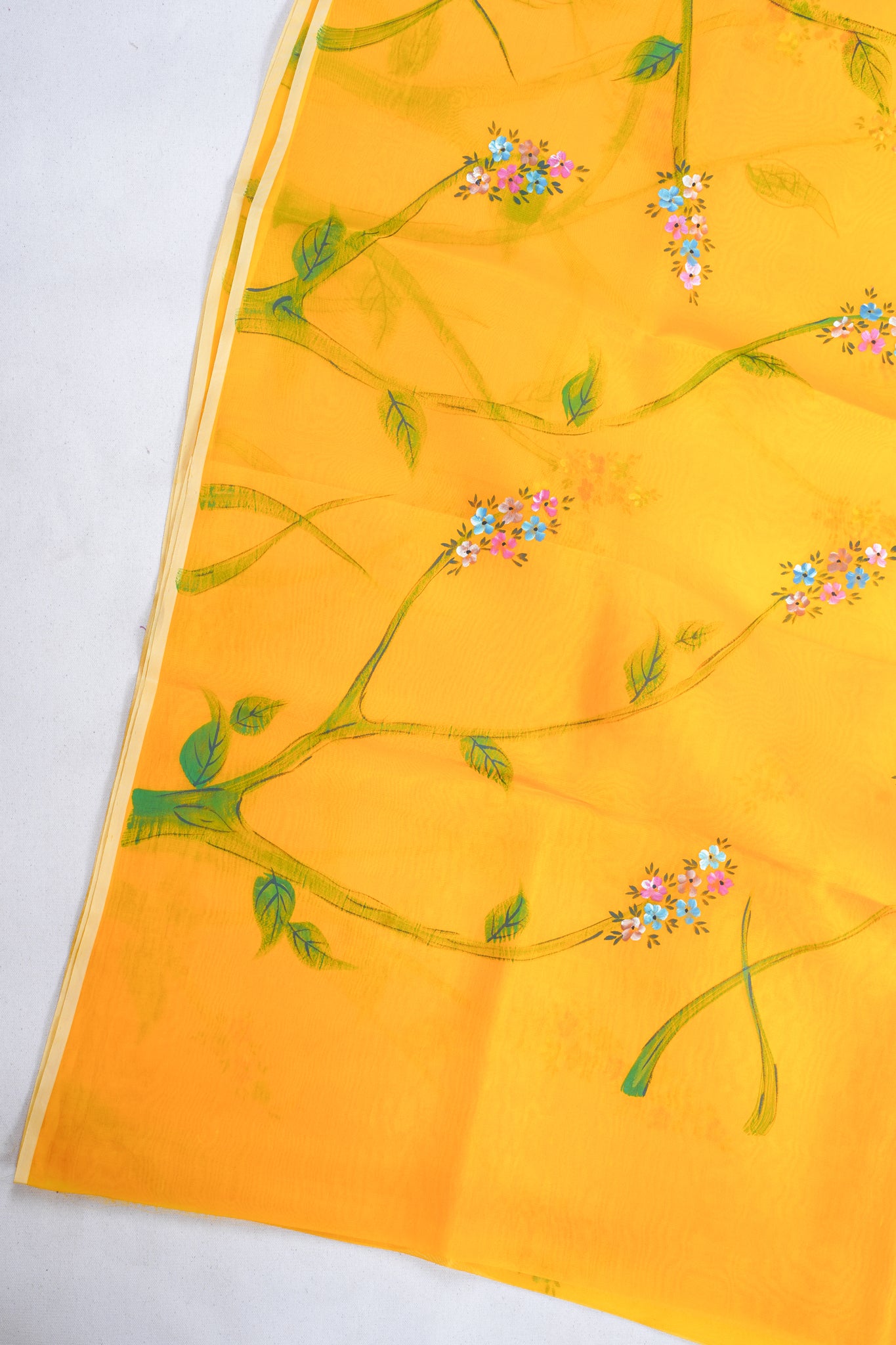 Golden-Yellow Pure printed Kora organza silk saree