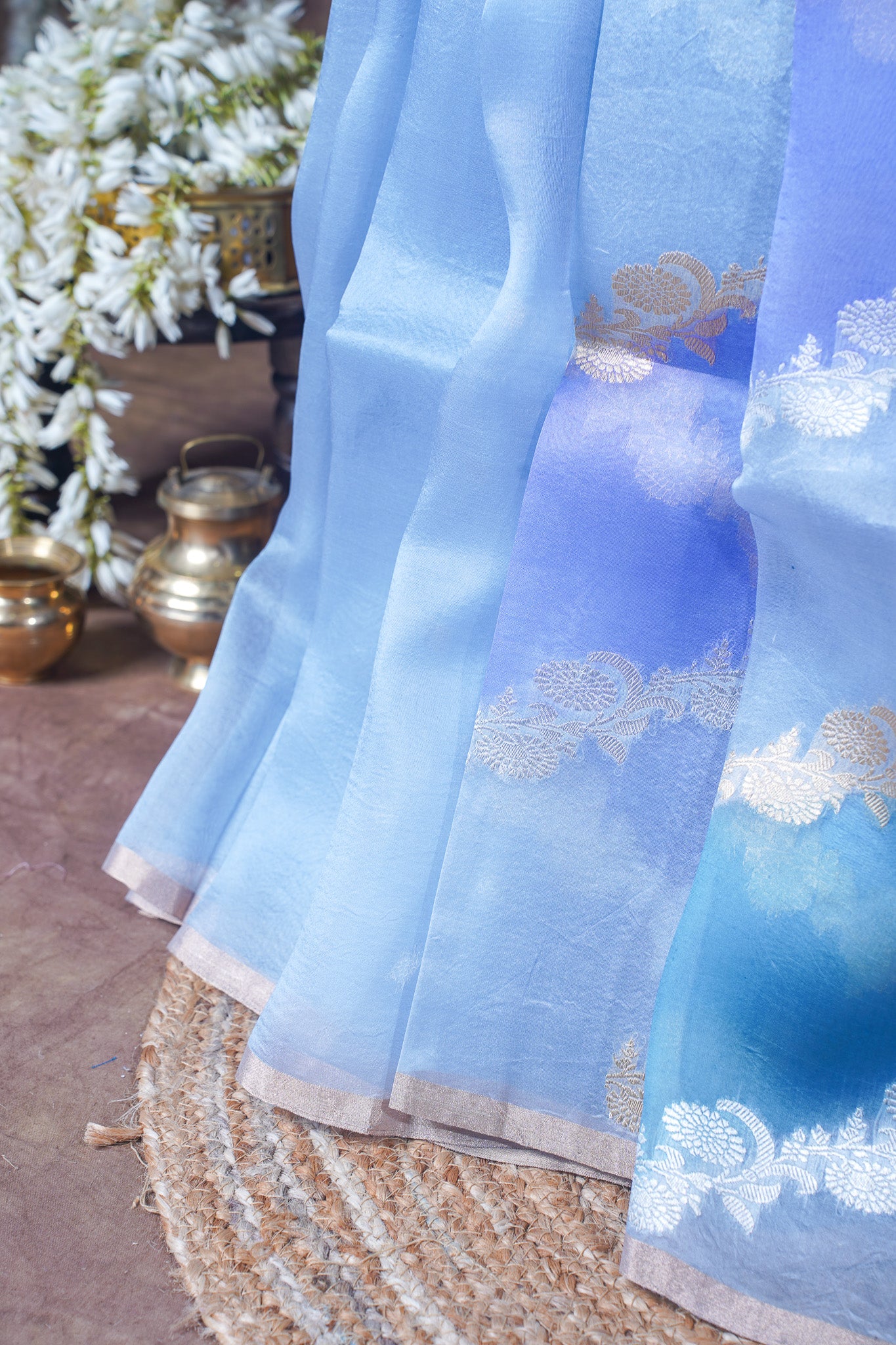 Powder Blue Handloom Kora Aada Rangkat Banarasi Saree