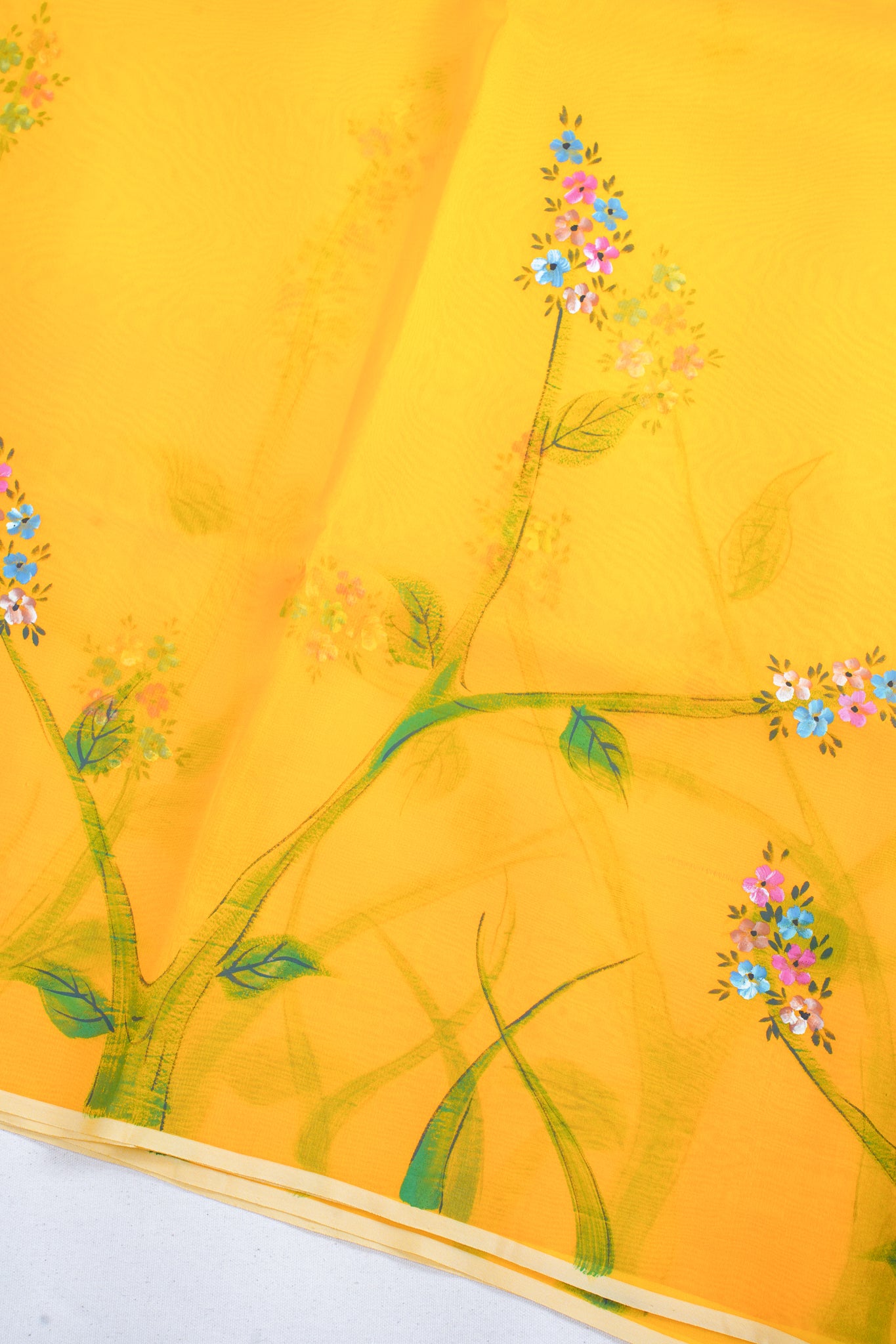 Golden-Yellow Pure printed Kora organza silk saree