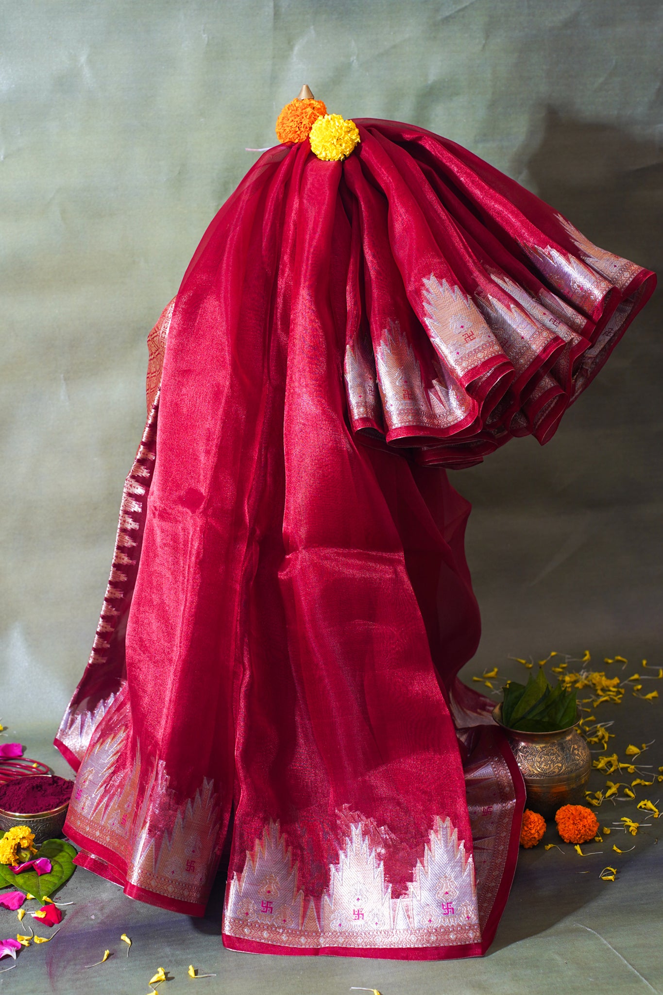 Ruby Red Banarasi Pure Tissue Silk Saree