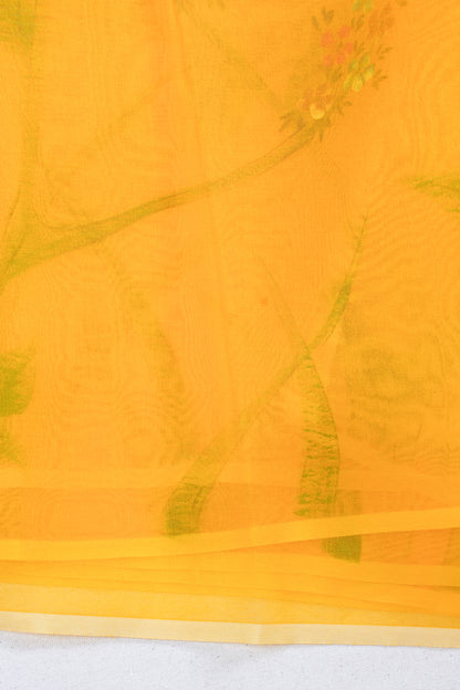 Golden-Yellow Pure printed Kora organza silk saree