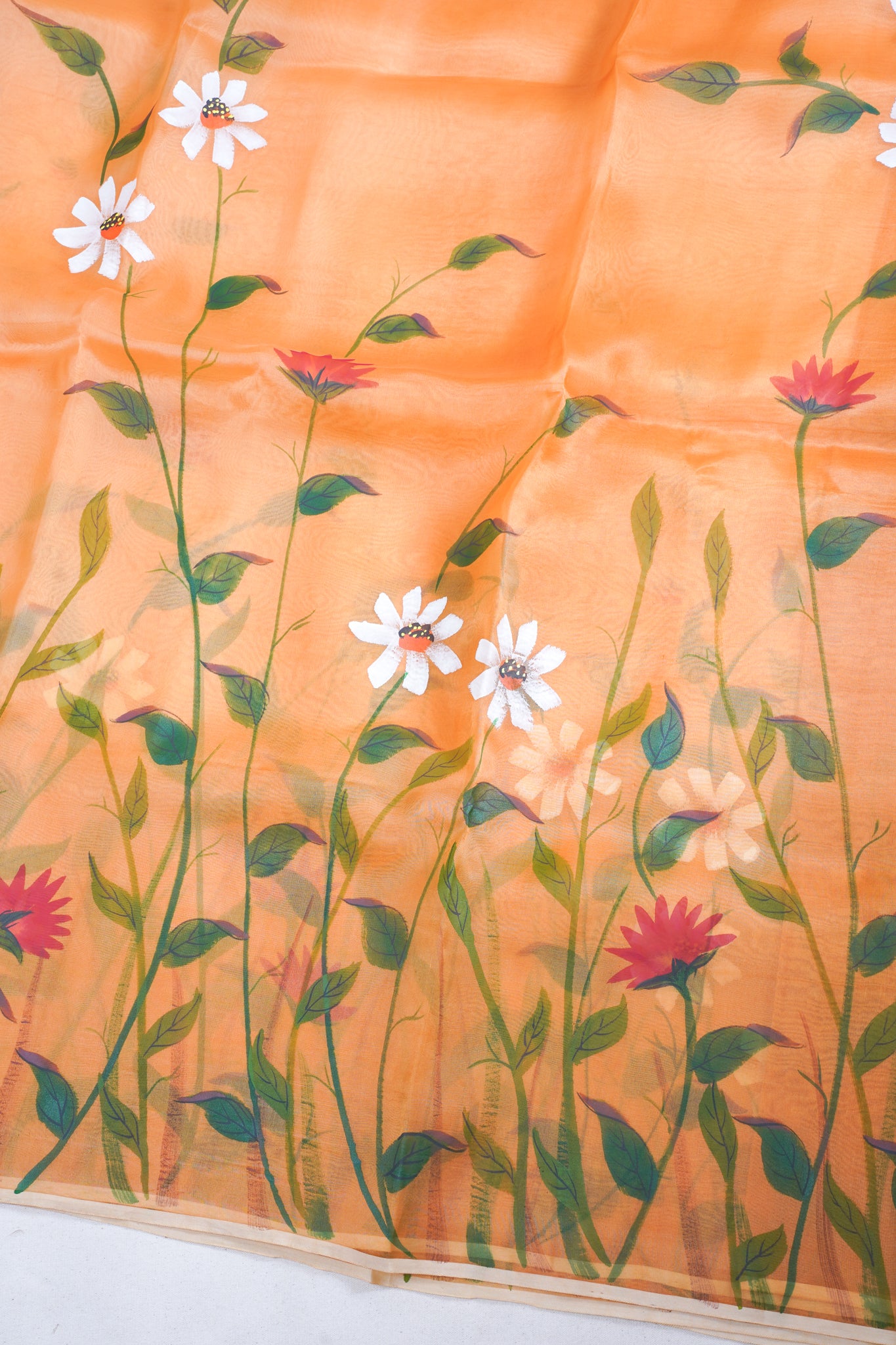 Warm Peach-Orange Pure printed Kora organza silk saree