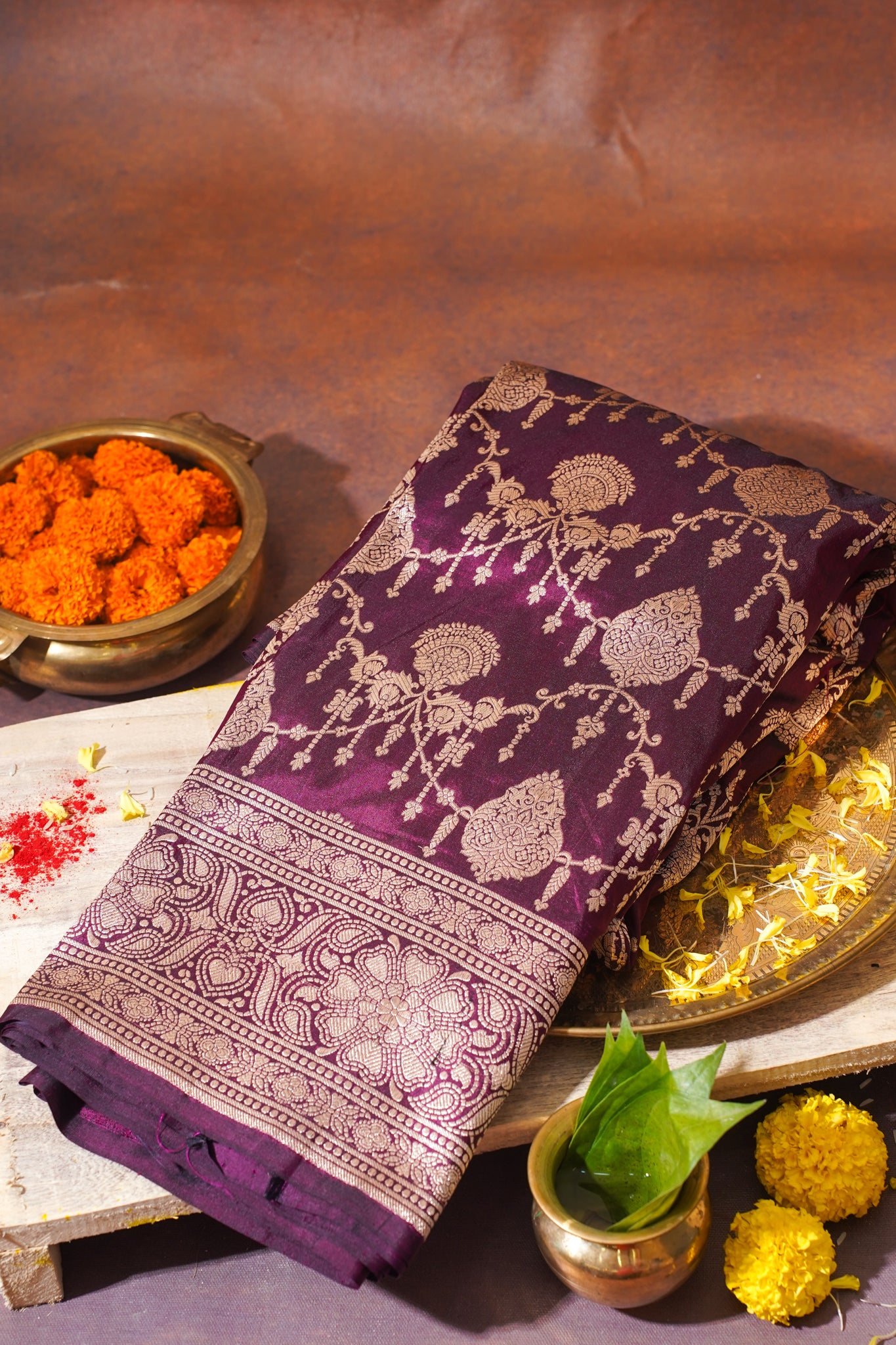 Rani Wine Banarasi Pure Katan Silk Jaal Saree