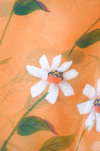 Warm Peach-Orange Pure printed Kora organza silk saree