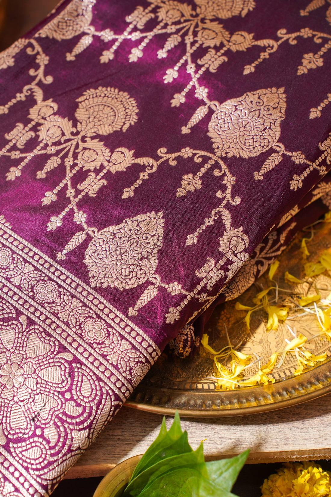 Rani Wine Banarasi Pure Katan Silk Jaal Saree