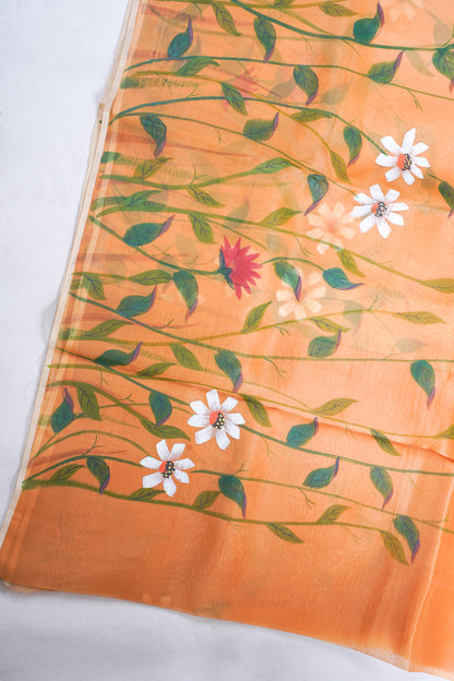 Warm Peach-Orange Pure printed Kora organza silk saree