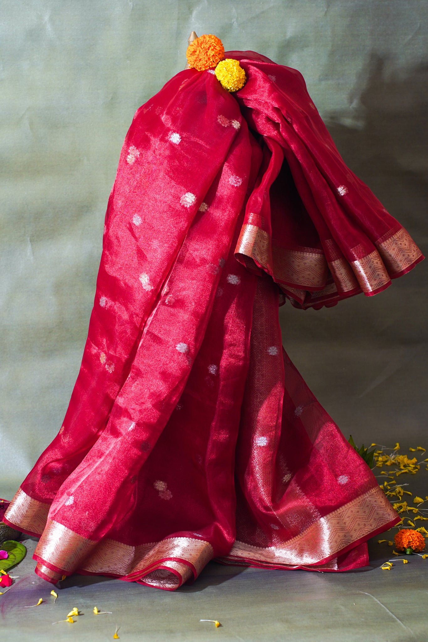 Crimson Red Banarasi Pure Tissue Silk Saree with Silver Buti Weave