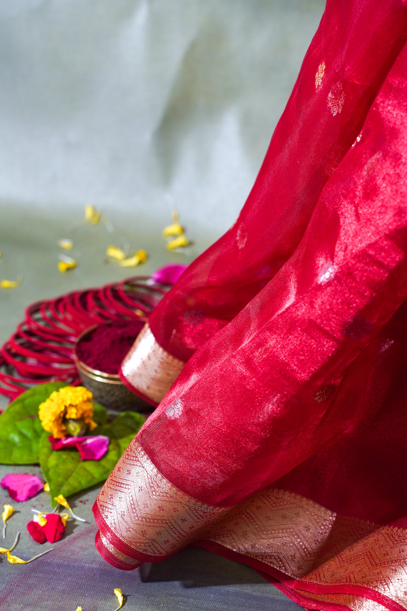 Crimson Red Banarasi Pure Tissue Silk Saree with Silver Buti Weave