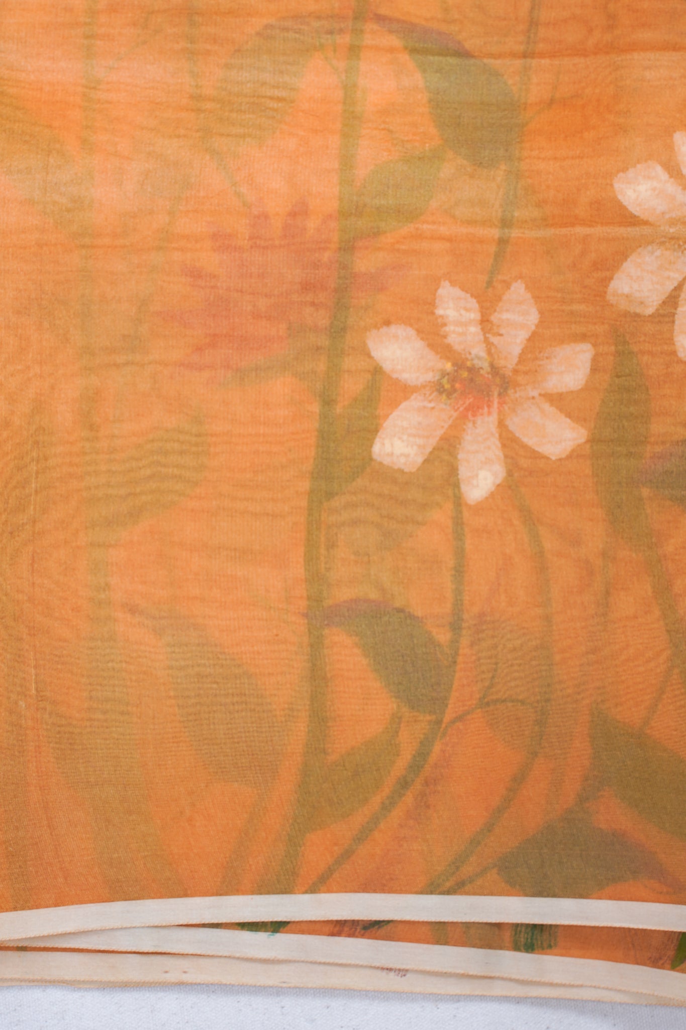 Warm Peach-Orange Pure printed Kora organza silk saree