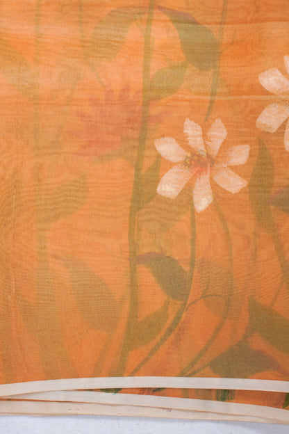 Warm Peach-Orange Pure printed Kora organza silk saree