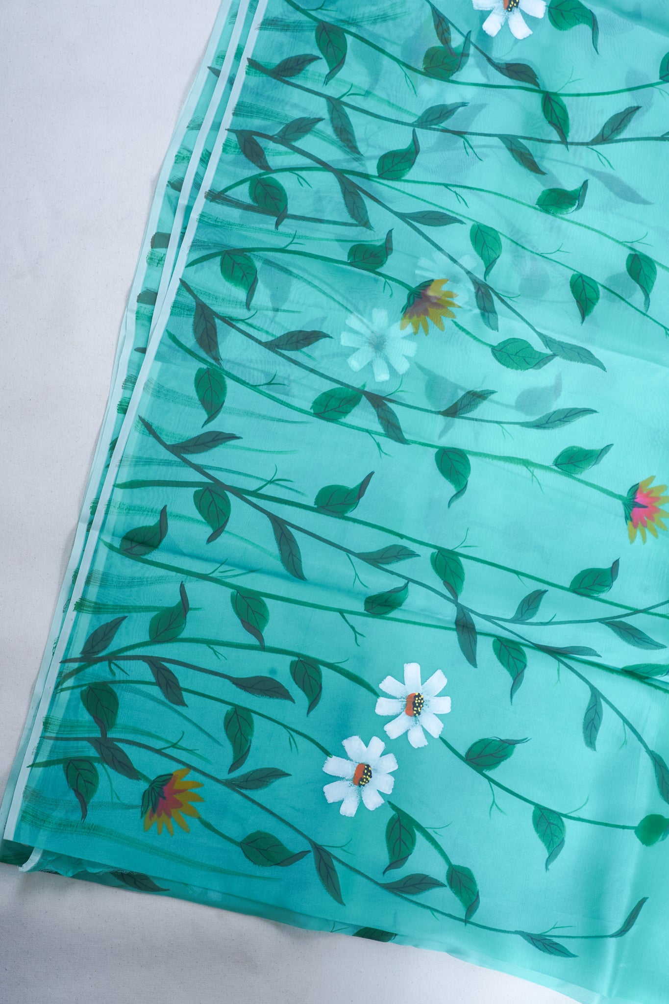 Aqua Green Pure printed Kora organza silk saree