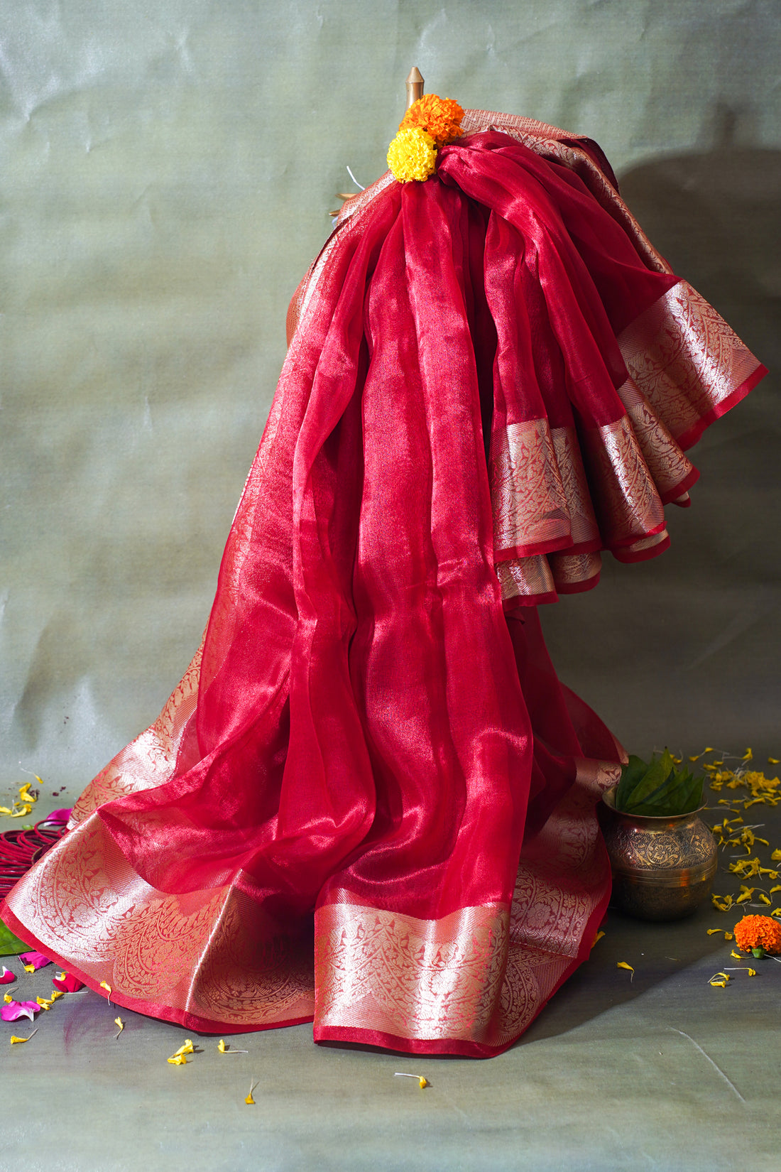 Crimson Red Banarasi Pure Tissue Silk Saree