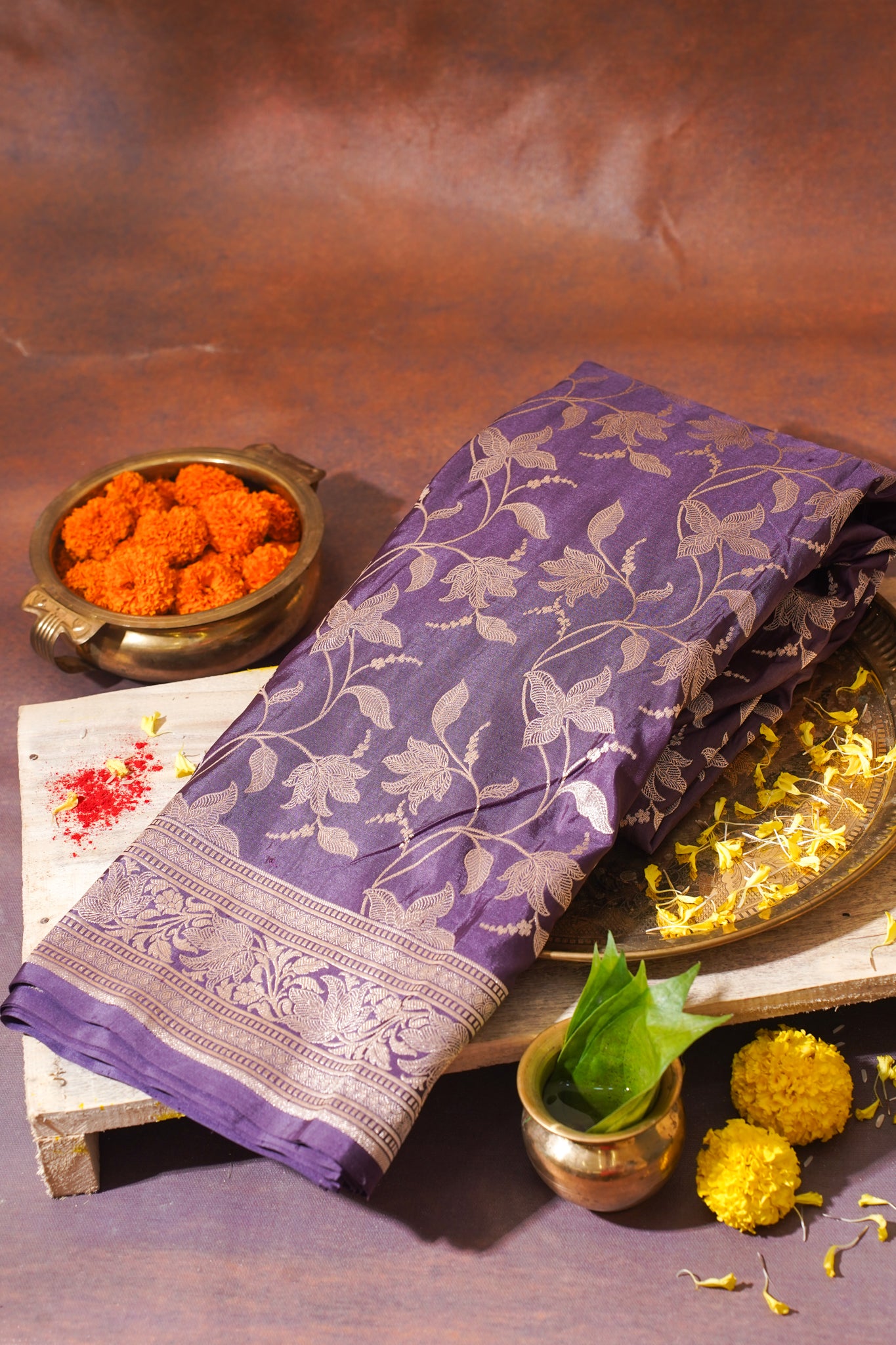 Purple Banarasi Pure Katan Silk Jaal Saree