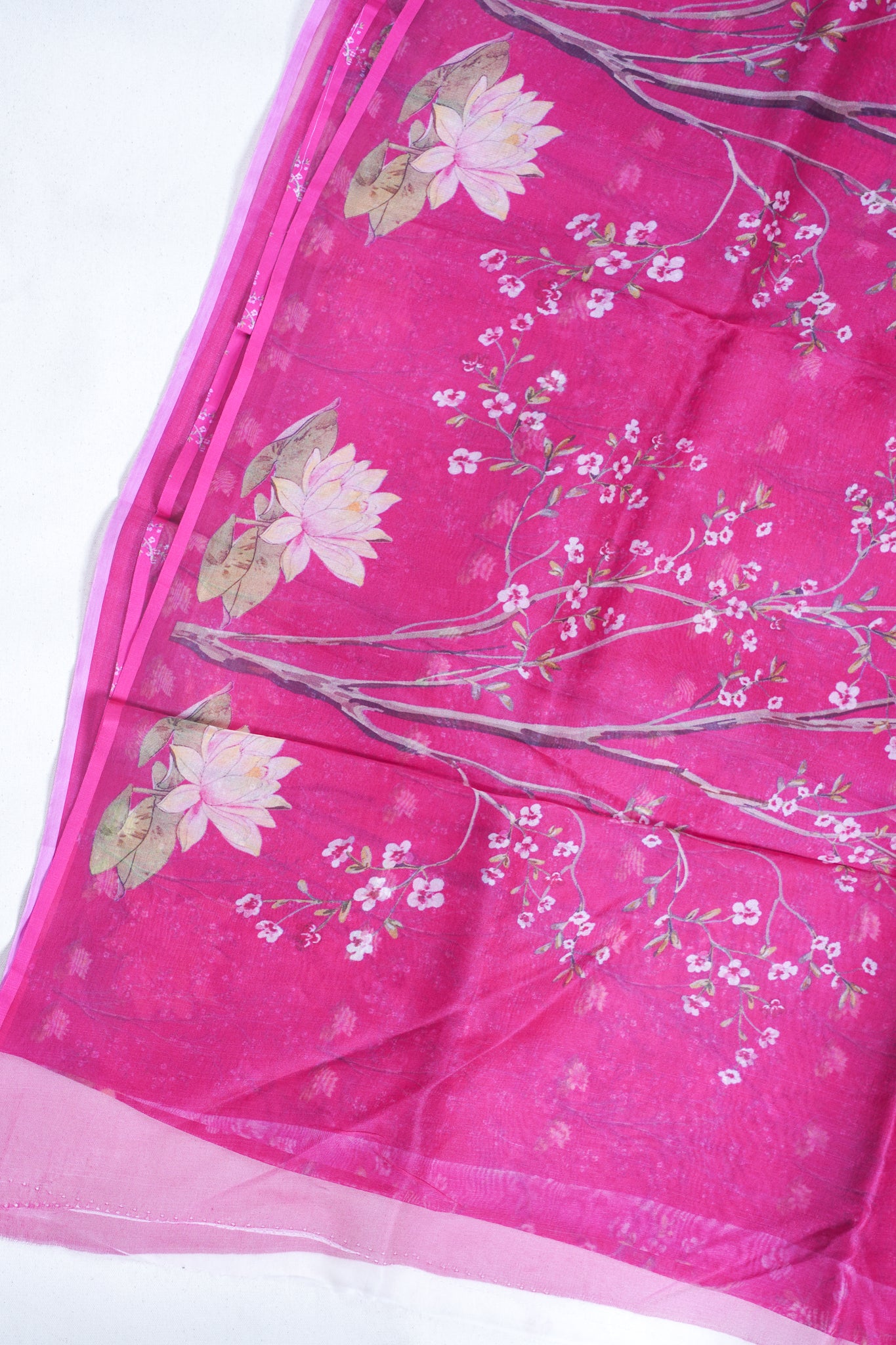 Magenta-Pink Pure printed Kora organza silk saree