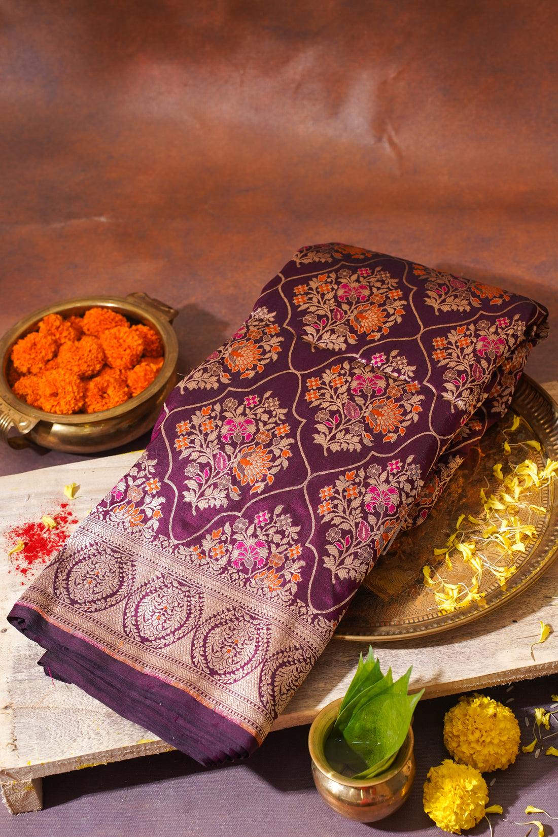 Wine Purple Banarasi Pure Katan Silk Minakari Jaal Saree