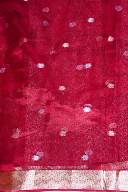 Crimson Red Banarasi Pure Tissue Silk Saree with Silver Buti Weave