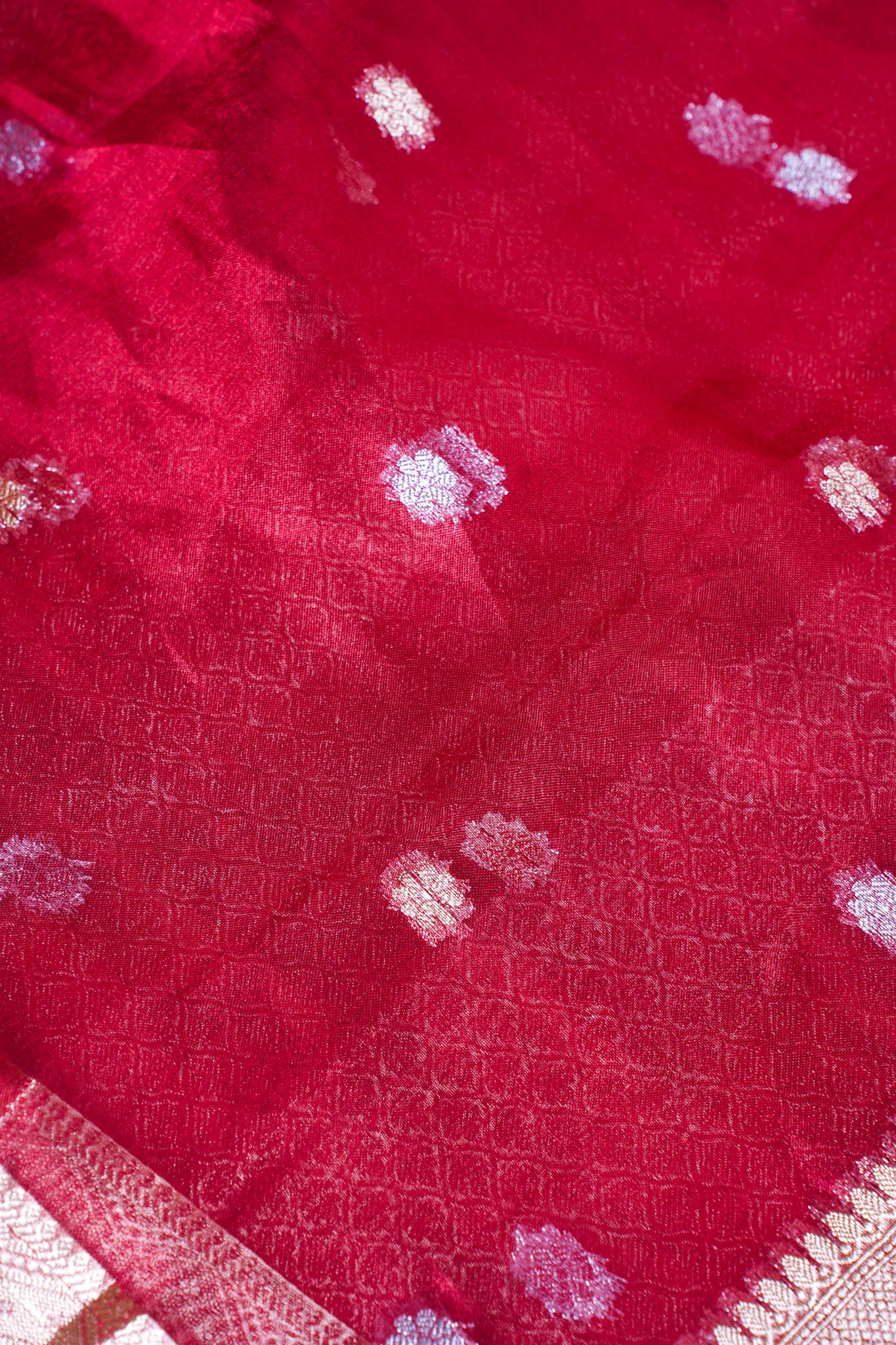 Crimson Red Banarasi Pure Tissue Silk Saree with Silver Buti Weave