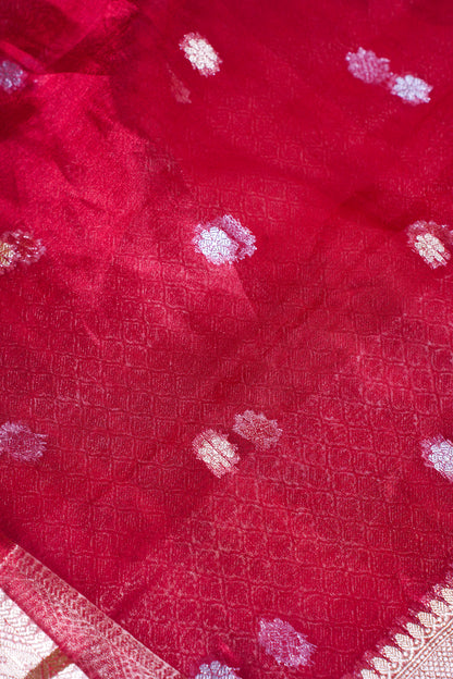 Crimson Red Banarasi Pure Tissue Silk Saree with Silver Buti Weave