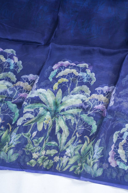Midnight Blue Pure printed Kora organza silk saree
