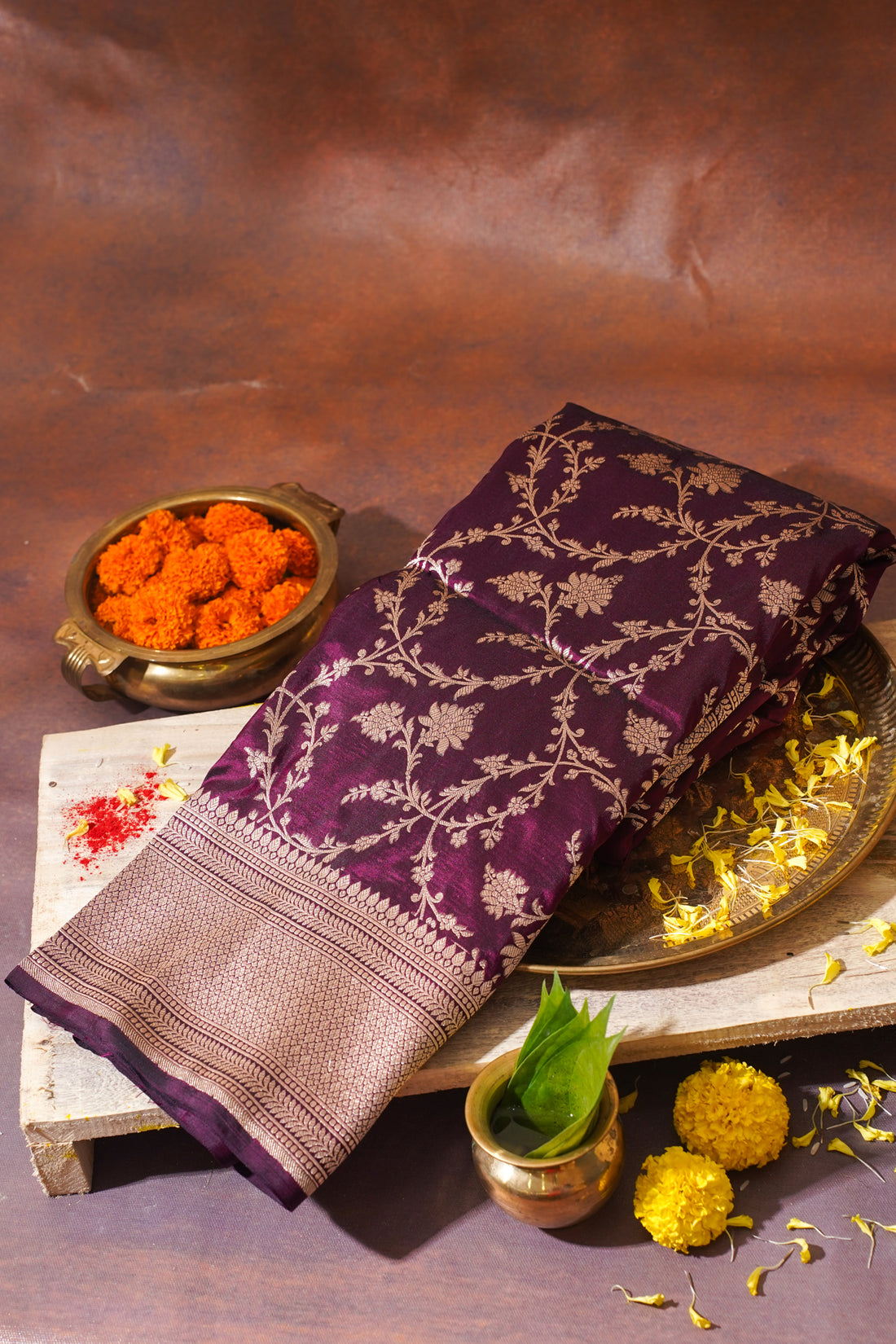 Wine Banarasi Pure Katan Silk Jaal Saree
