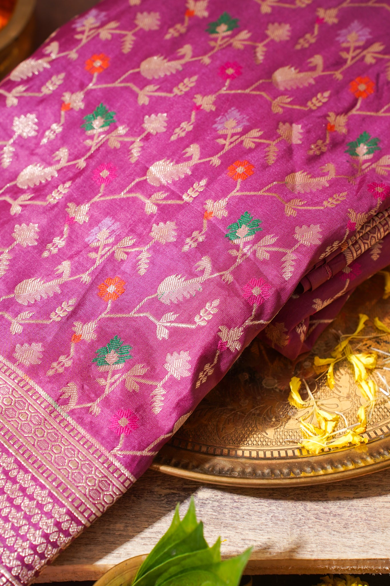 Magenta Pink Banarasi Pure Katan Silk Minakari Jaal Saree