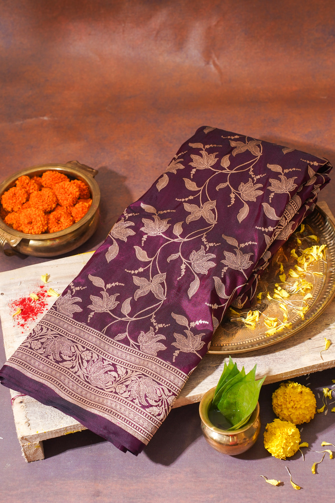 Wine Banarasi Pure Katan Silk Jaal Saree